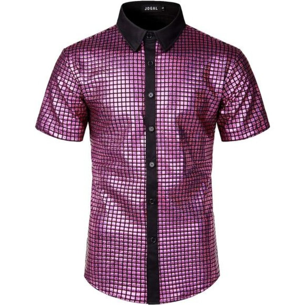 Mens 70s Disco Costume Silver Sequins Short Sleeve Button Down Shirts, Pink